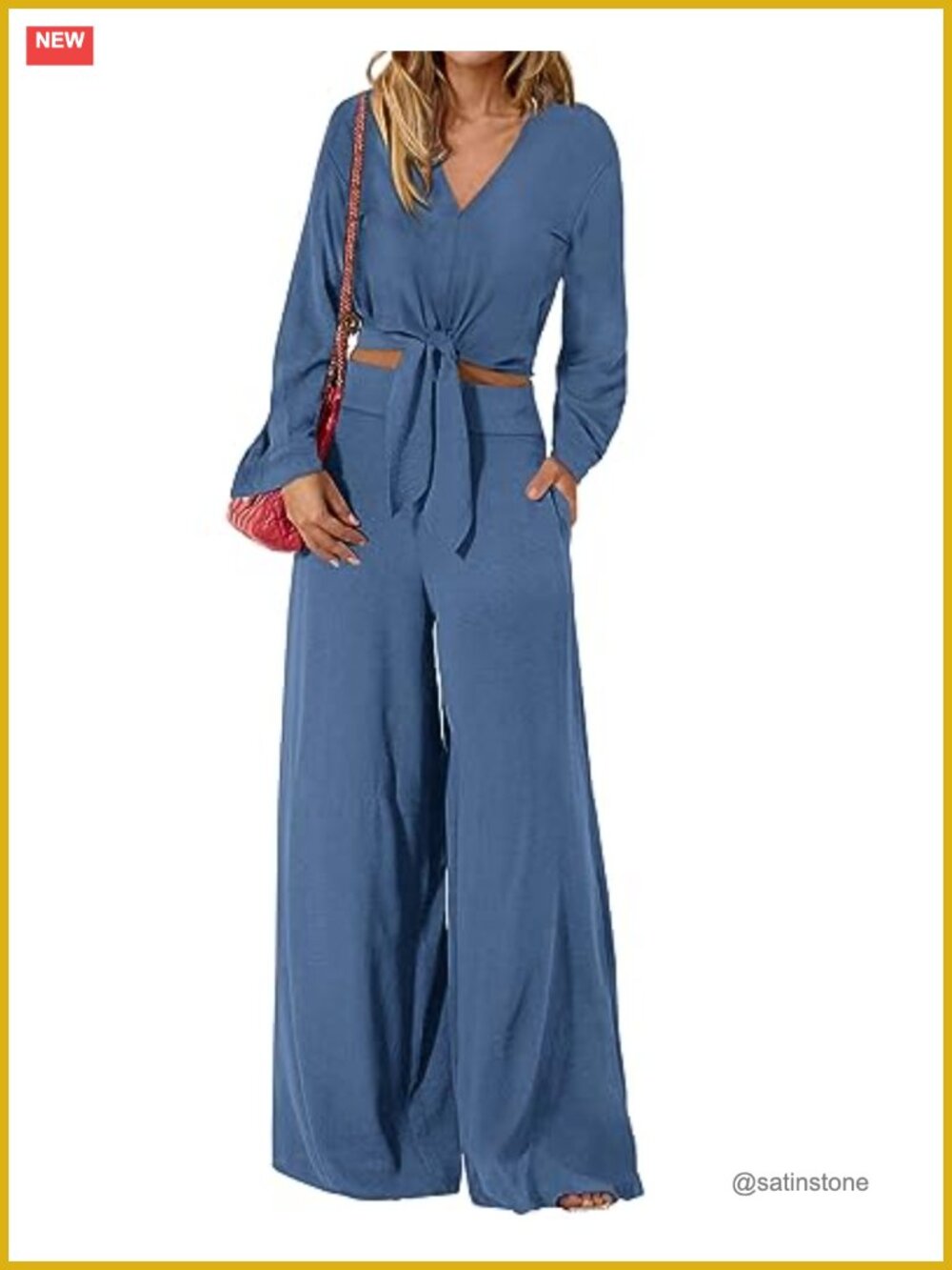 Women 2 Piece Outfit V Neck Long Sleeve Crop Top Wide Leg Pant Lounge Set
